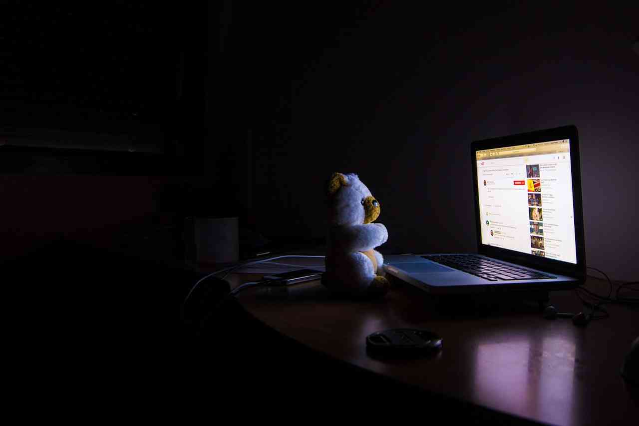 Игрушечный медвежонок сидит в полной темноте перед экраном компьютера и смотрит ролики